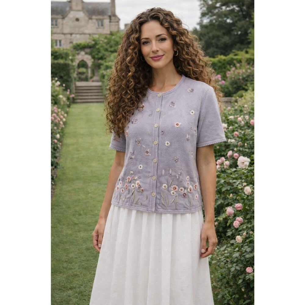 Alfred Dunner Lavender Floral Embroidered Short Sleeve Cardigan Sweater Small
